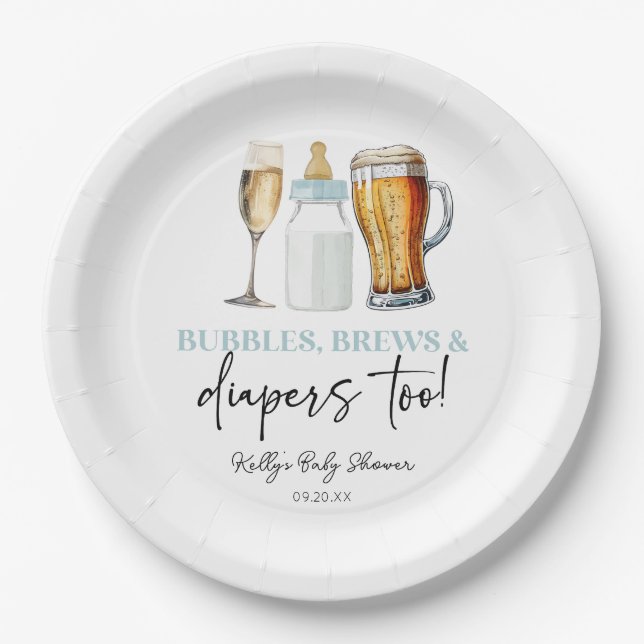 Bubbles Brews and Diapers Too! Baby Shower Paper Plate (Front)