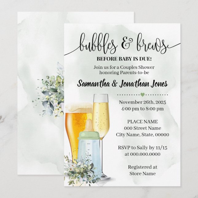 Bubbles & brews before baby due Eucalyptus shower Invitation (Front/Back)