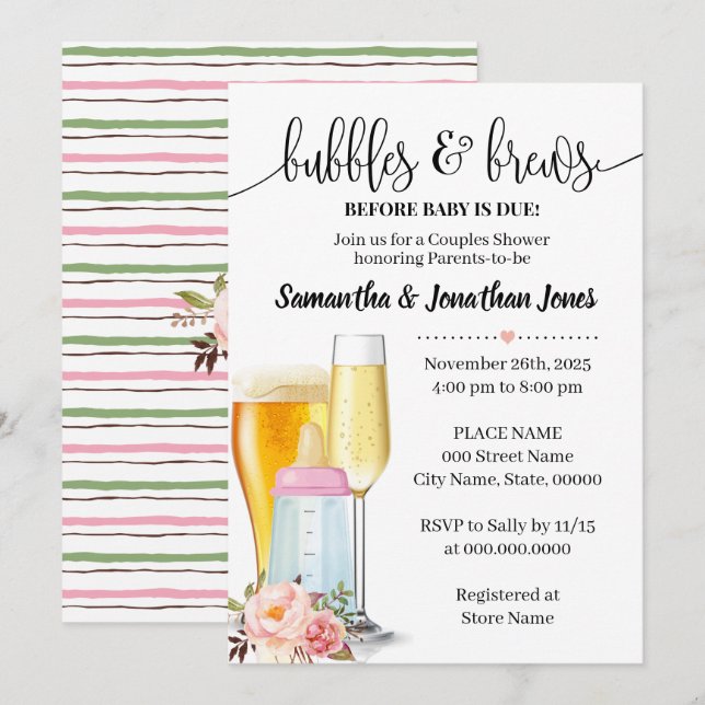 Bubbles & brews before baby due pink baby shower invitation (Front/Back)