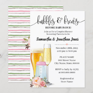 Bubbles & brews before baby due pink baby shower invitation