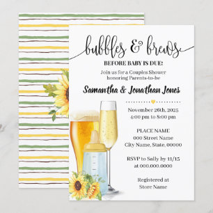 Bubbles & brews before baby due yellow baby shower invitation