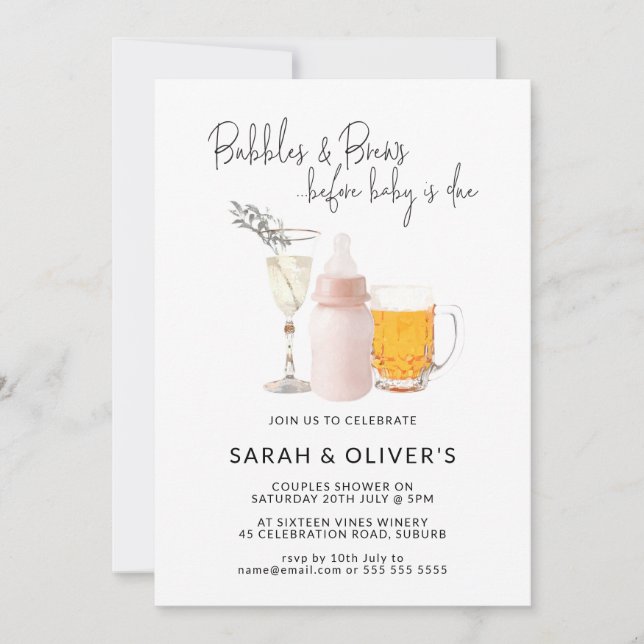Bubbles & Brews Before Baby Pink Couples Shower  Invitation (Front)
