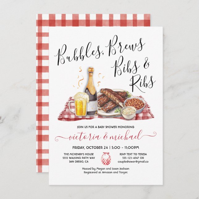 Bubbles Brews Bibs and Ribs Baby Shower Invitation (Front/Back)