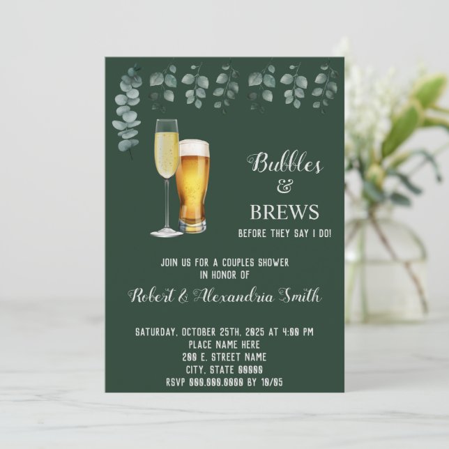 Bubbles & Brews Couples Wedding Shower Eucalyptus Invitation (Standing Front)