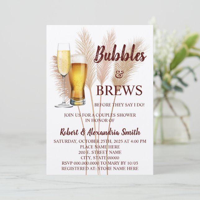 Bubbles & Brews Couples Wedding Shower Pampas Invitation (Standing Front)