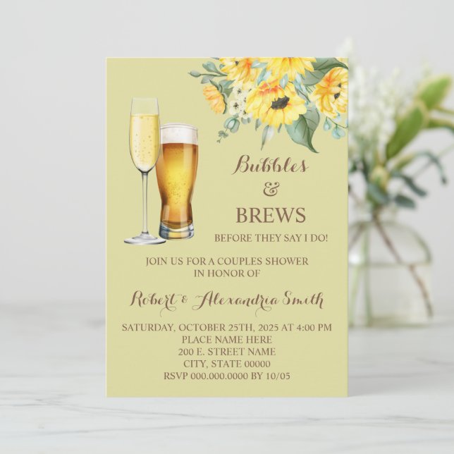 Bubbles & Brews Couples Wedding Shower Sunflowers Invitation (Standing Front)