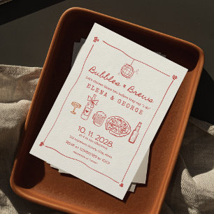 Bubbles & Brews Red Hand Drawn Couples Shower Invitation