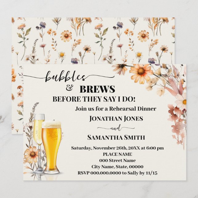 Bubbles & Brews Rehearsal Dinner Fall Wildflowers Invitation (Front/Back)
