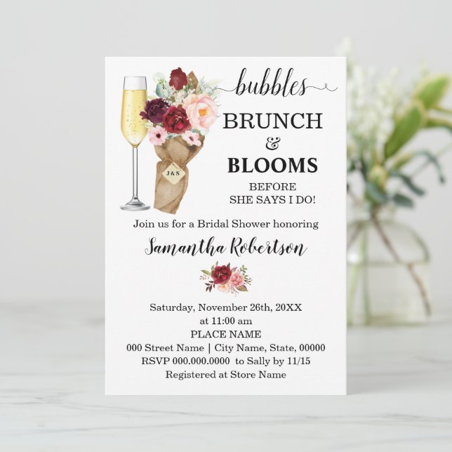 Bubbles Brunch & Blooms Marsala Bridal Shower Invi Invitation (Standing Front)