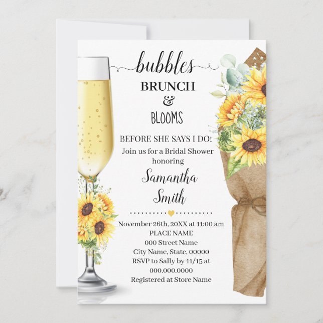 Bubbles Brunch & Blooms Sunflowers Bridal Shower Invitation (Front)
