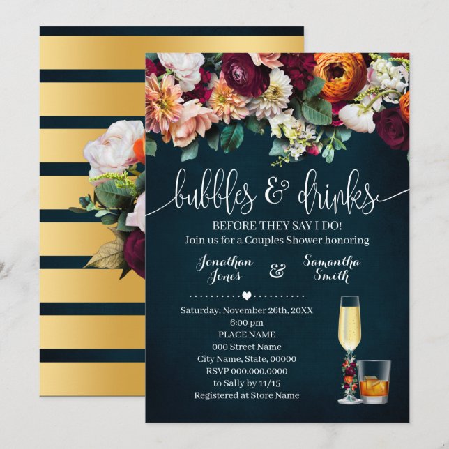 Bubbles & Drinks Couples Shower Wine Flowers Blue Invitation (Front/Back)