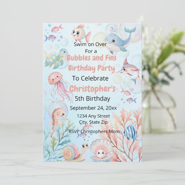 Bubbles & Fins Kids Ocean Birthday Invitation (Standing Front)