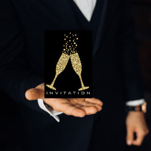 Bubbles Glasses Champagne Cocktail Gold Crystals Invitation