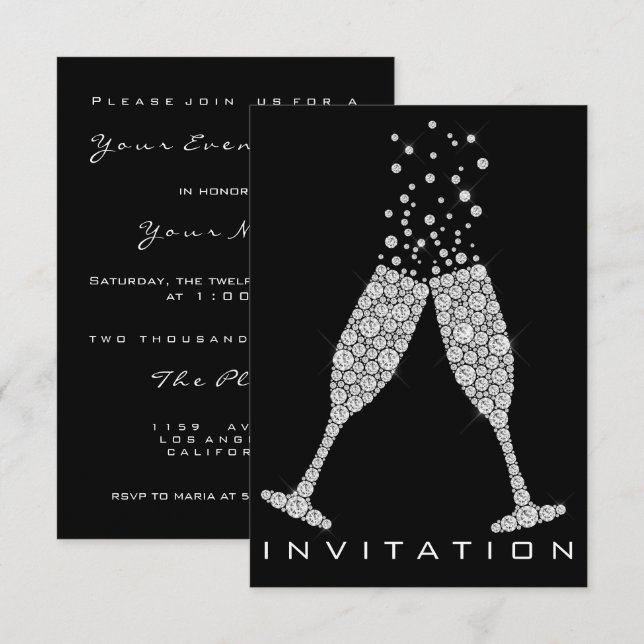 Bubbles Glasses Champagne Cocktail Grey Crystals Invitation (Front/Back)