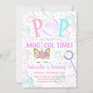 Bubbles pop on by unicorn girl birthday invite. invitation