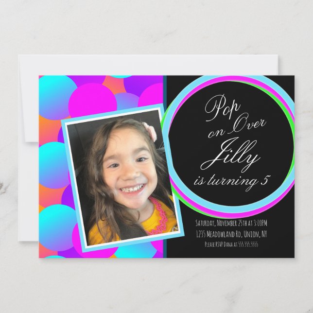 Bubbles Pop Over Neon Theme Photo Birthday Party  Invitation (Front)