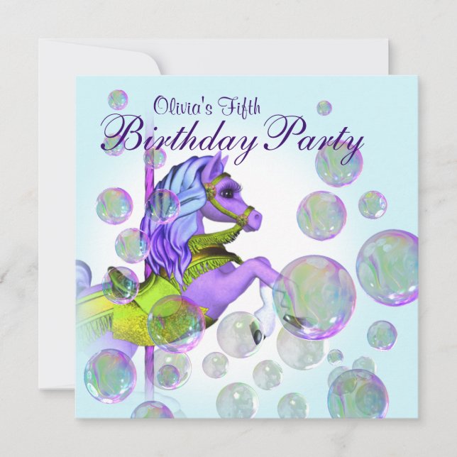 Bubbles Purple Carousel Pony Girls Birthday Party Invitation (Front)