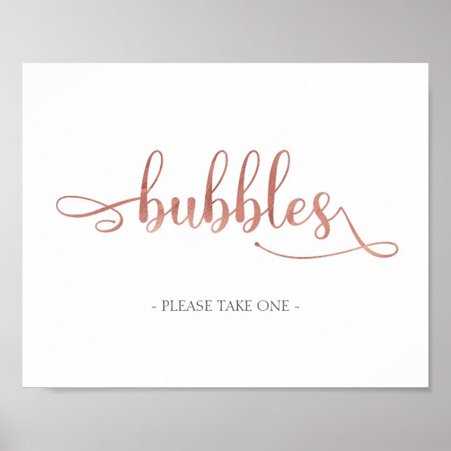 "Bubbles" Rose Gold White Elegant Wedding Sign (Front)