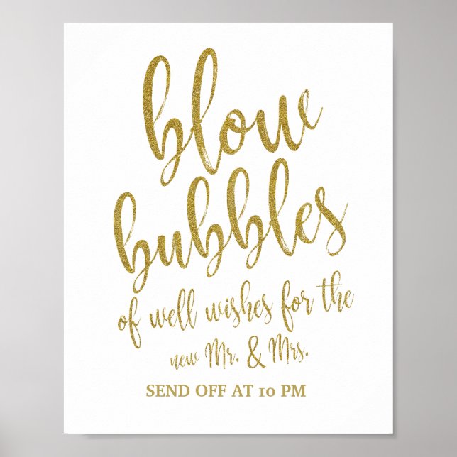 Bubbles Send Off Gold Glitter 8x10 Wedding Sign (Front)