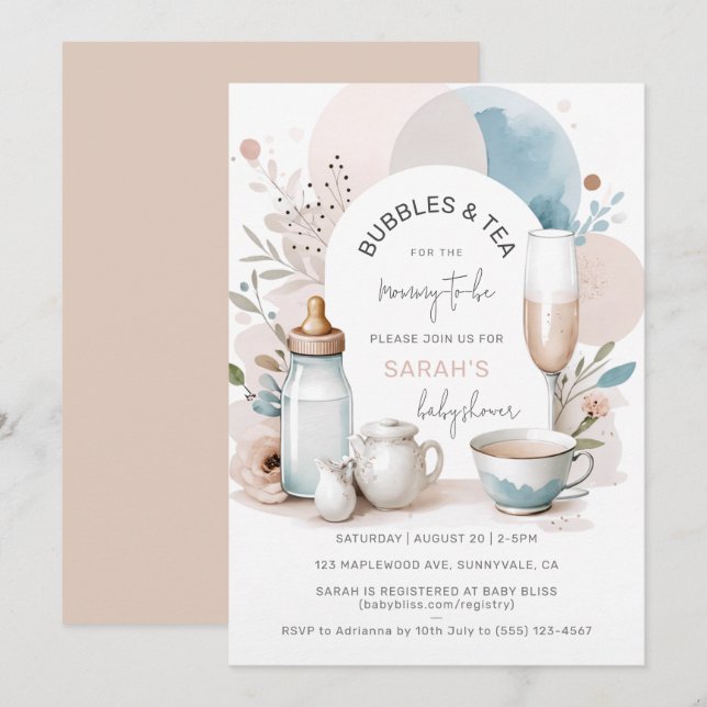 Bubbles & Tea Baby Shower Invitation for Mum to be (Front/Back)