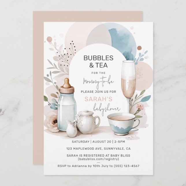 Bubbles & Tea Baby Shower Invitation for Mum to be (Front/Back)