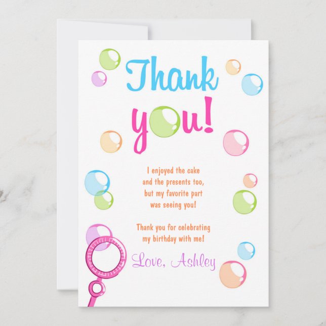 Bubbles Thank You Card Birthday Party Girl (Front)