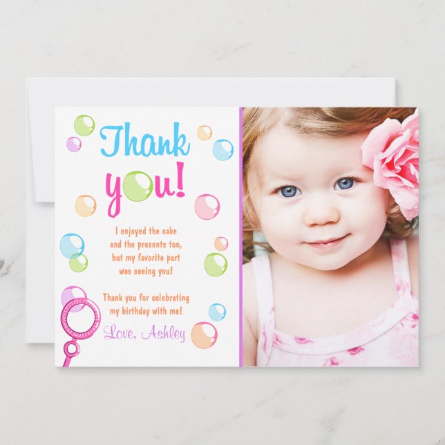 Bubbles Thank You Card Birthday Party Girl (Front)