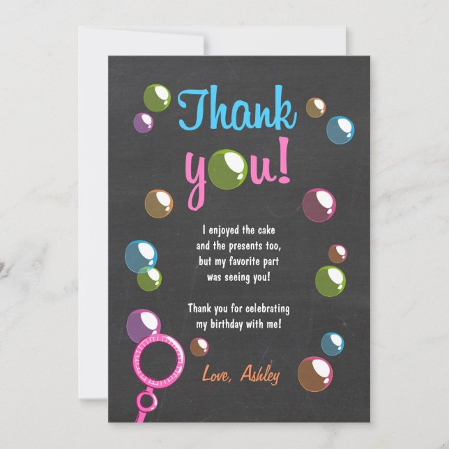 Bubbles Thank You Card Birthday Party Girl Chalk (Front)