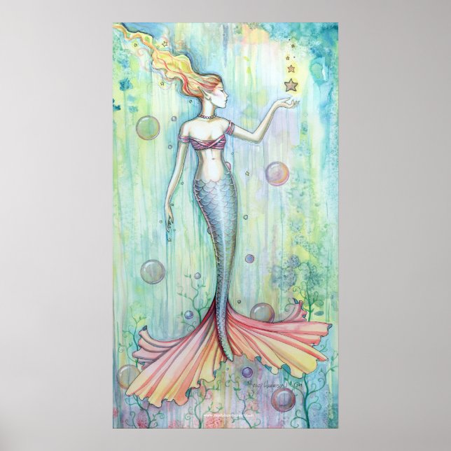 Bubbles Watercolor Mermaid Poster Print (Front)