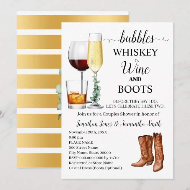 Bubbles Whiskey Wine & Boots Couples Shower Invitation (Front/Back)