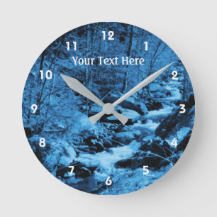 Bubbling Country Stream In Blue Hues Round Clock