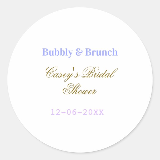 Bubbly and brunch bridal shower name date purple g classic round sticker (Front)