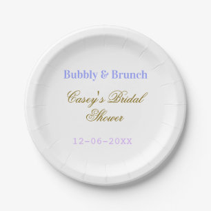 Bubbly and brunch bridal shower name date purple g paper plate