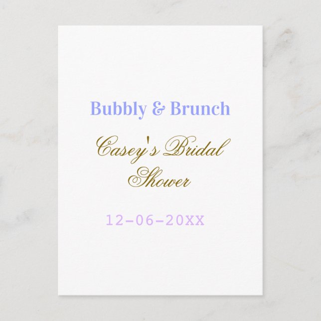 Bubbly and brunch bridal shower name date purple g postcard (Front)