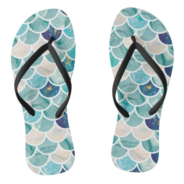 Bubbly Aqua turquoise marble mermaid fish scales Flip Flops (Footbed)