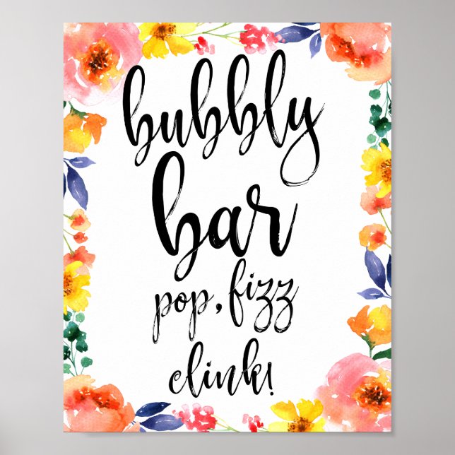 Bubbly Bar  Floral Watercolor 8x10 Wedding Sign (Front)