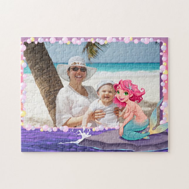 Bubbly beach summer cartoon mermaid photo frame jigsaw puzzle (Horizontal)