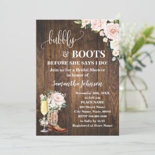 Bubbly & Boots Bridal Shower Pink Floral Western Invitation
