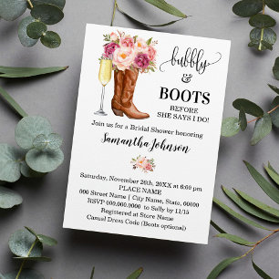 Bubbly & Boots Bridal Shower Pink flowers Invitation