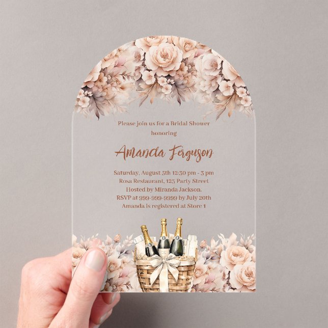 Bubbly brunch beige peach roses arch Bridal Shower Acrylic Invitations (Insitu (Handheld))