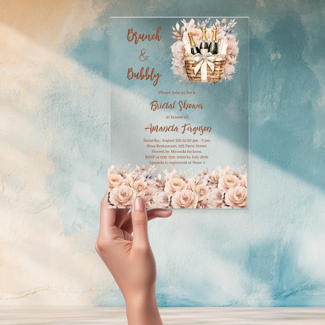 Bubbly brunch beige peach roses Bridal Shower Acrylic Invitations (Creator Uploaded)