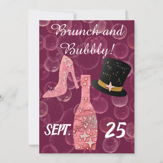 Bubbly & Brunch & Glitter Rose Champagne Bottle In Invitation (Front)