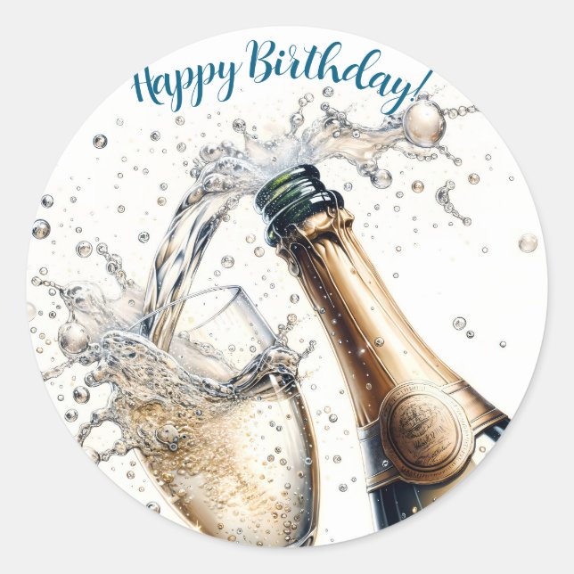 Bubbly champagne Happy Birthday Classic Round Sticker (Front)