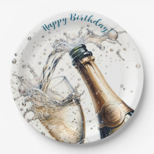 Bubbly champagne Happy Birthday Paper Plate