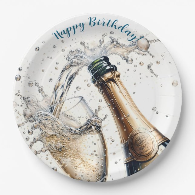 Bubbly champagne Happy Birthday Paper Plate (Front)