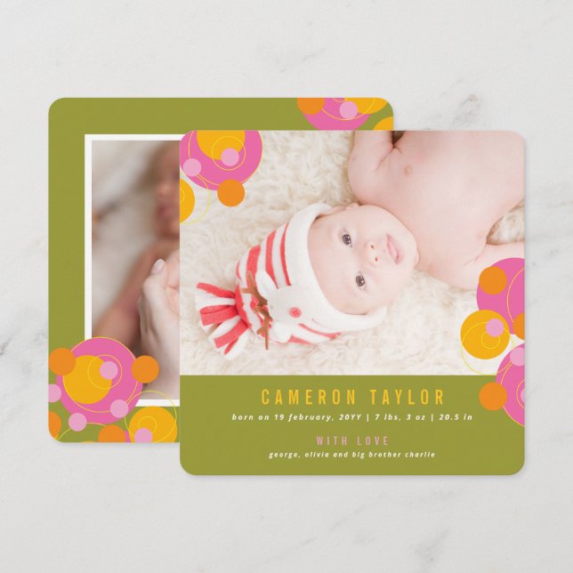 Bubbly Circles Fuchsia Pink Girl Baby Announcement (Front/Back)
