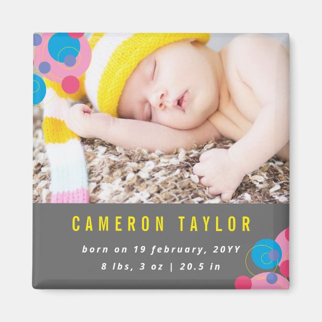 Bubbly Circles Pink Photo Baby Birth Announcement Magnet (Front)