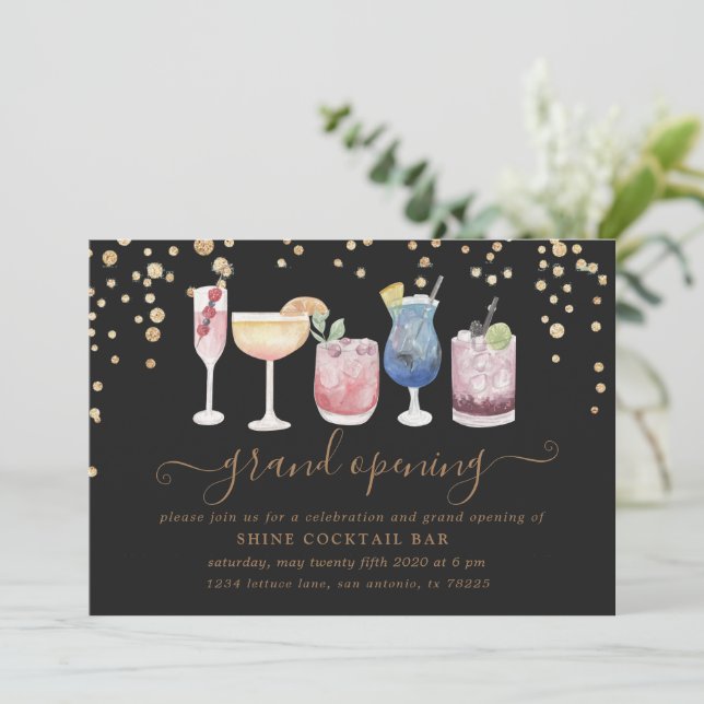 Bubbly Cocktails Gold And Glitter Grand Opening Invitation (Standing Front)