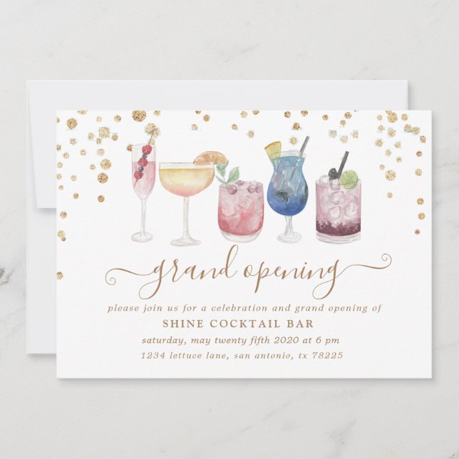 bubbly cocktails gold and glitter grand opening invitation (Front)