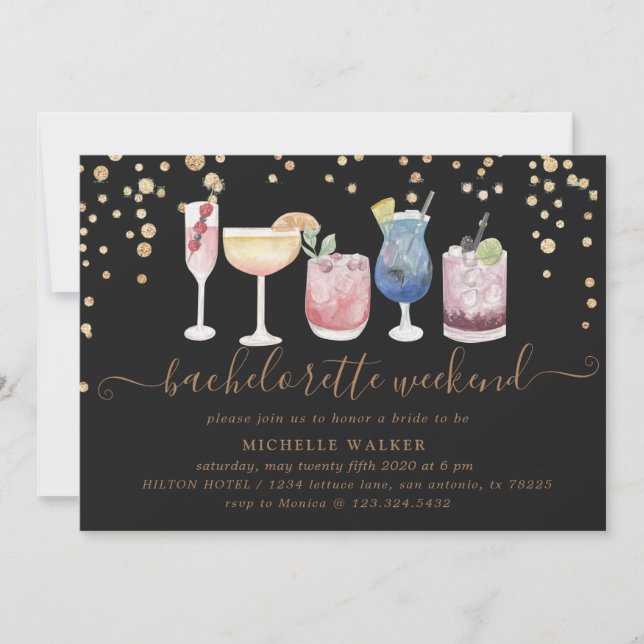 bubbly cocktails gold bachelorette weekend invitation (Front)
